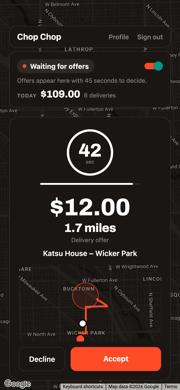 A driver’s offer screen: $12.00, 1.7 miles, Katsu House, with a countdown and an Accept button