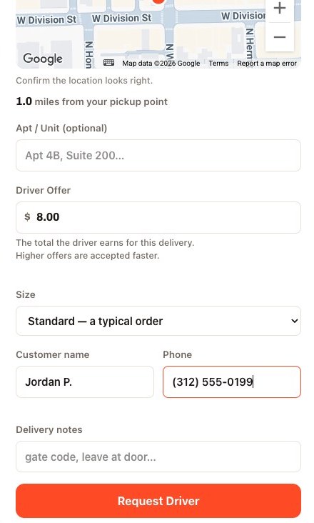 The New delivery form in the restaurant portal, with an $8.00 driver offer and a Request Driver button